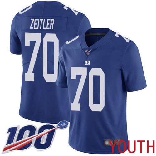 Youth New York Giants 70 Kevin Zeitler Royal Blue Team Color Vapor Untouchable Limited Player 100th Season Football NFL Jersey